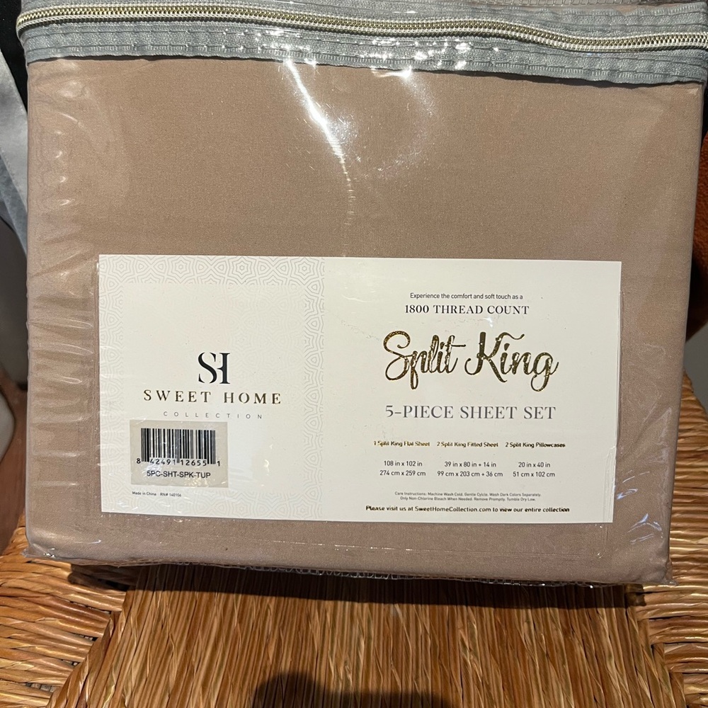 Sweet Home Collection Split King 5-Piece Sheet Set - Beige 1800 thread count - Picture 2 of 3